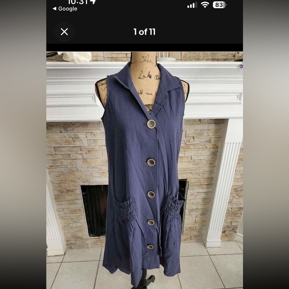 For Cynthia Blue Linen Button-Down Dress